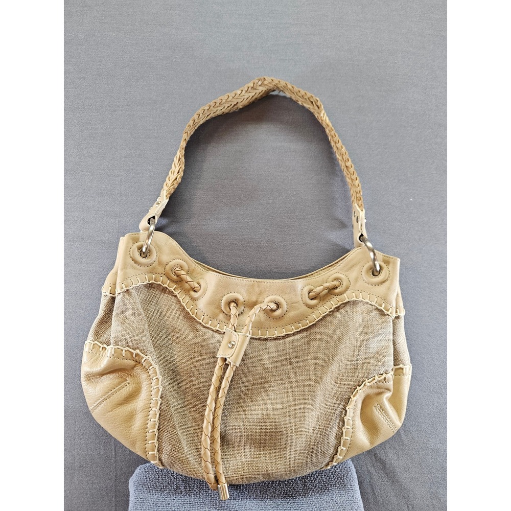 Via Spiga Canvas Leather Whipstitch Hobo Bag Tan Braided Strap Shoulder Bag